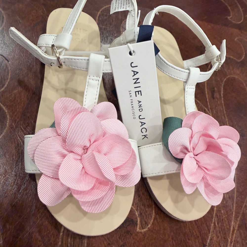 Janie and Jack White Sandals with Pink Flower Appliqués